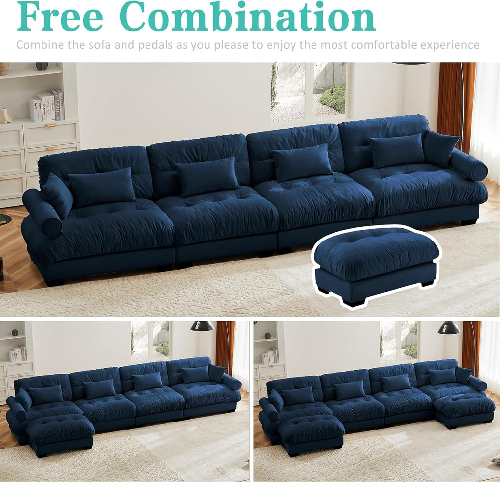 Sectional Couches , L Shaped Sofa Couch with Velvet Fabric, 4 Seat Modern Sofa with Ottoman, Removable Pillows , Blue