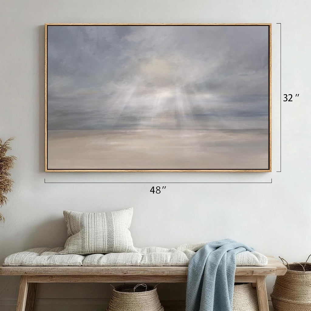 Large Framed Abstract Beach Landscape Wall Art, Horizontal Minimalist Coastal Seascape Canvas Artwork for Walls