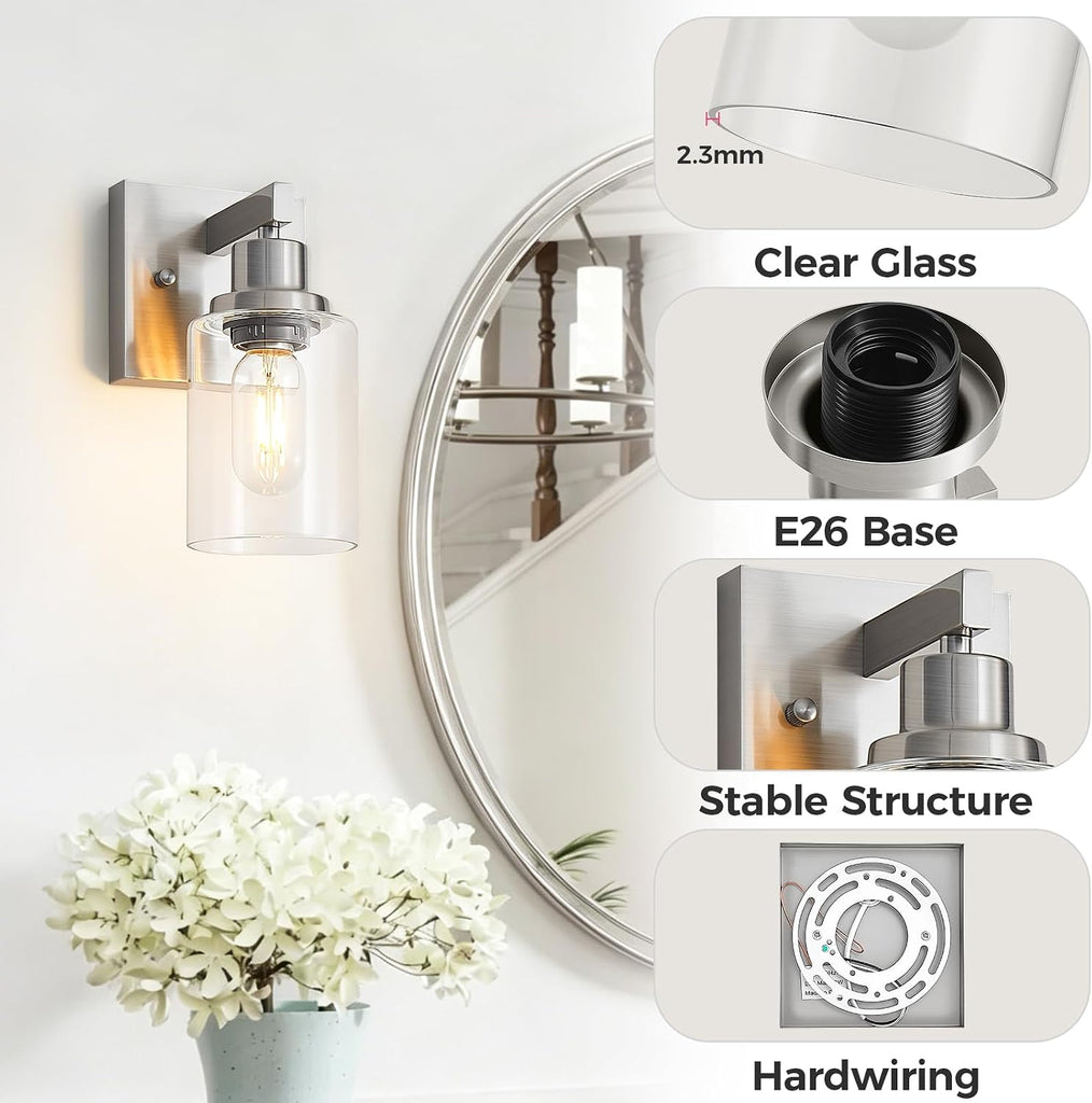 Bathroom Wall Sconces Set of 2,Brushed Nickel Wall Sconce,Vanity Light with Clear Glass Wall Mounted Light
