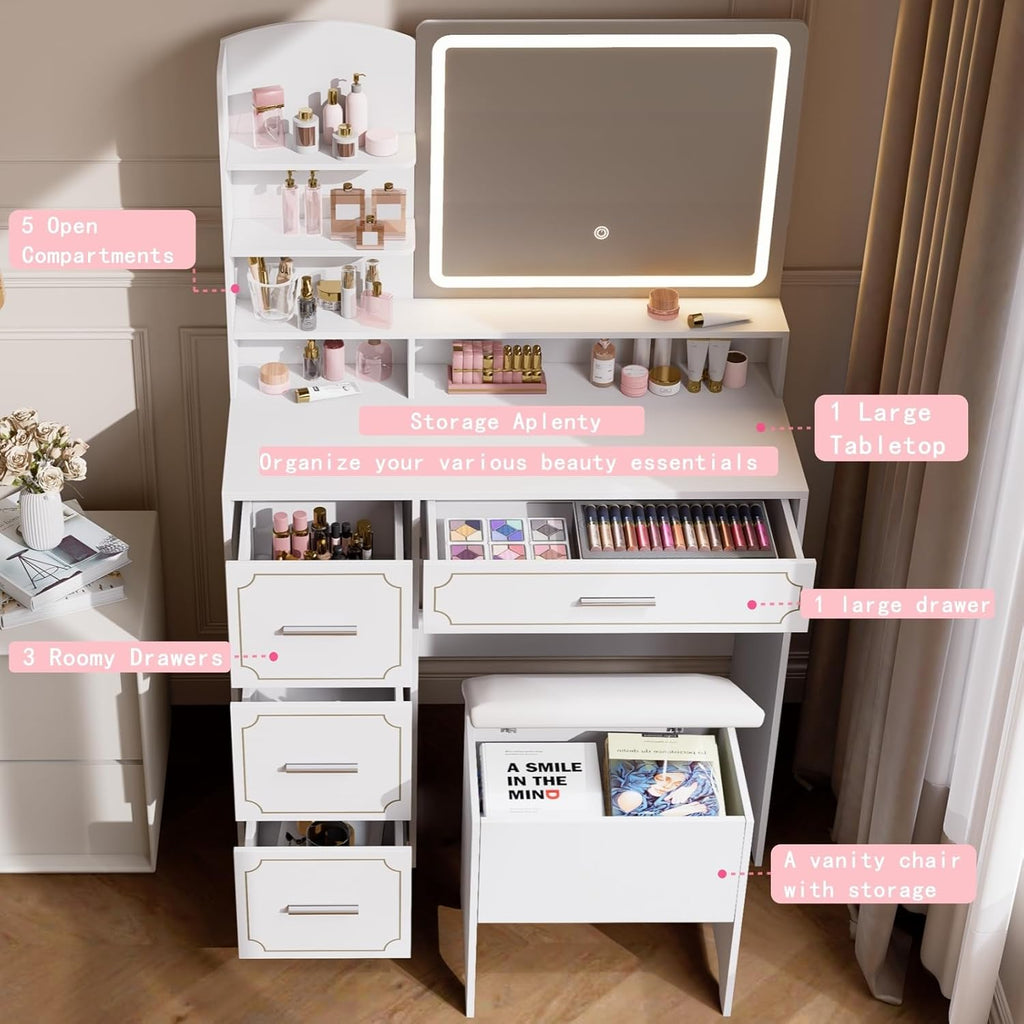 Vanity Table with LED Mirror & Power Outlet - 5 Open Shelves, 4 Drawers - Includes Padded Stool - Ideal Bedroom