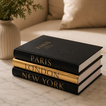 Decorative Books Decor - Coffee Table Books, Set of 3 | Bookshelf Decor, Faux Hardcover Books, Black & Gold Design