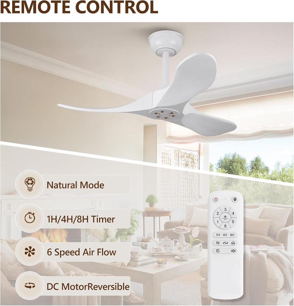 Inspired Maverick Style 36 Inch Solid Wood Ceiling Fan with Remote,White Ceiling Fan no Light,6 Speeds,Noiseless,Reversible DC Motor,Modern Ceiling Fans without Lights for Outdoor Indoor Bedroom Farmhouse,Patios