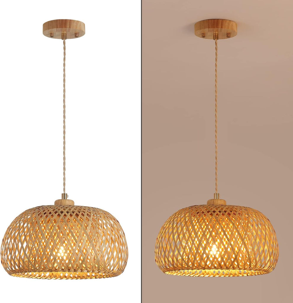 Bamboo Pendant Light Fixture One-Light Adjustable Boho Basket Handmade Woven Pendant Lighting for Kitchen Island Sink