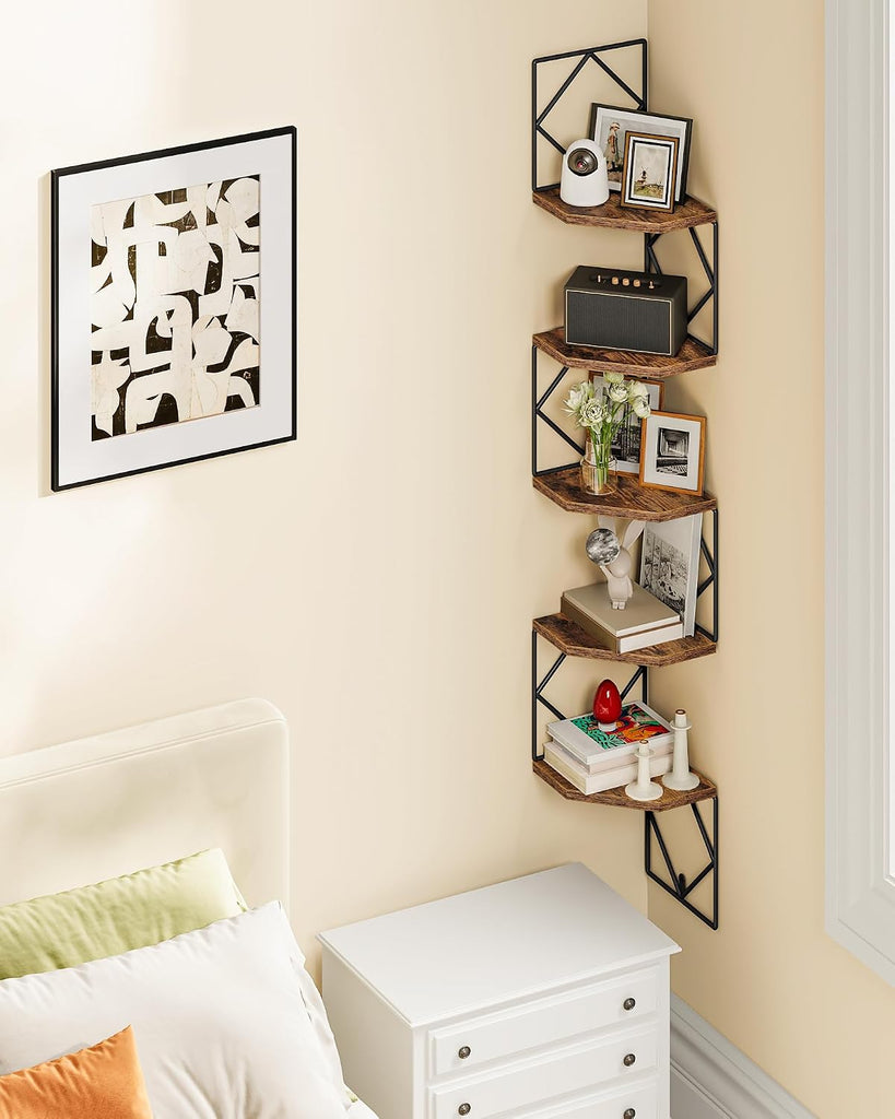 5-Tier Corner Shelf, Floating Shelf, Wall-Mounted Storage Shelf, Wall Decor, Narrow Corner Bookshelf, and Bathroom