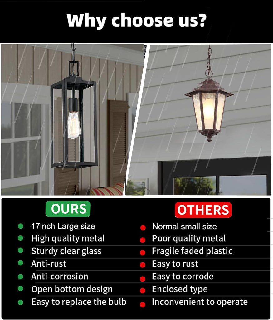 17 Inch Outdoor Pendant Light for Porch,Metal and Glass Outside Hanging Light Ceiling Mount Exterior Hanging Lantern