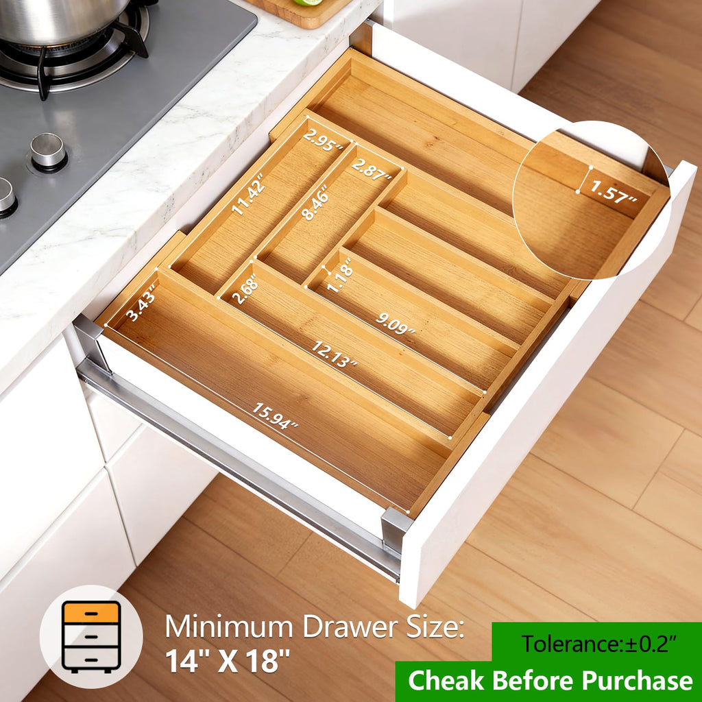 Expandable Bamboo Silverware Organizer, Large Kitchen Drawer Tray