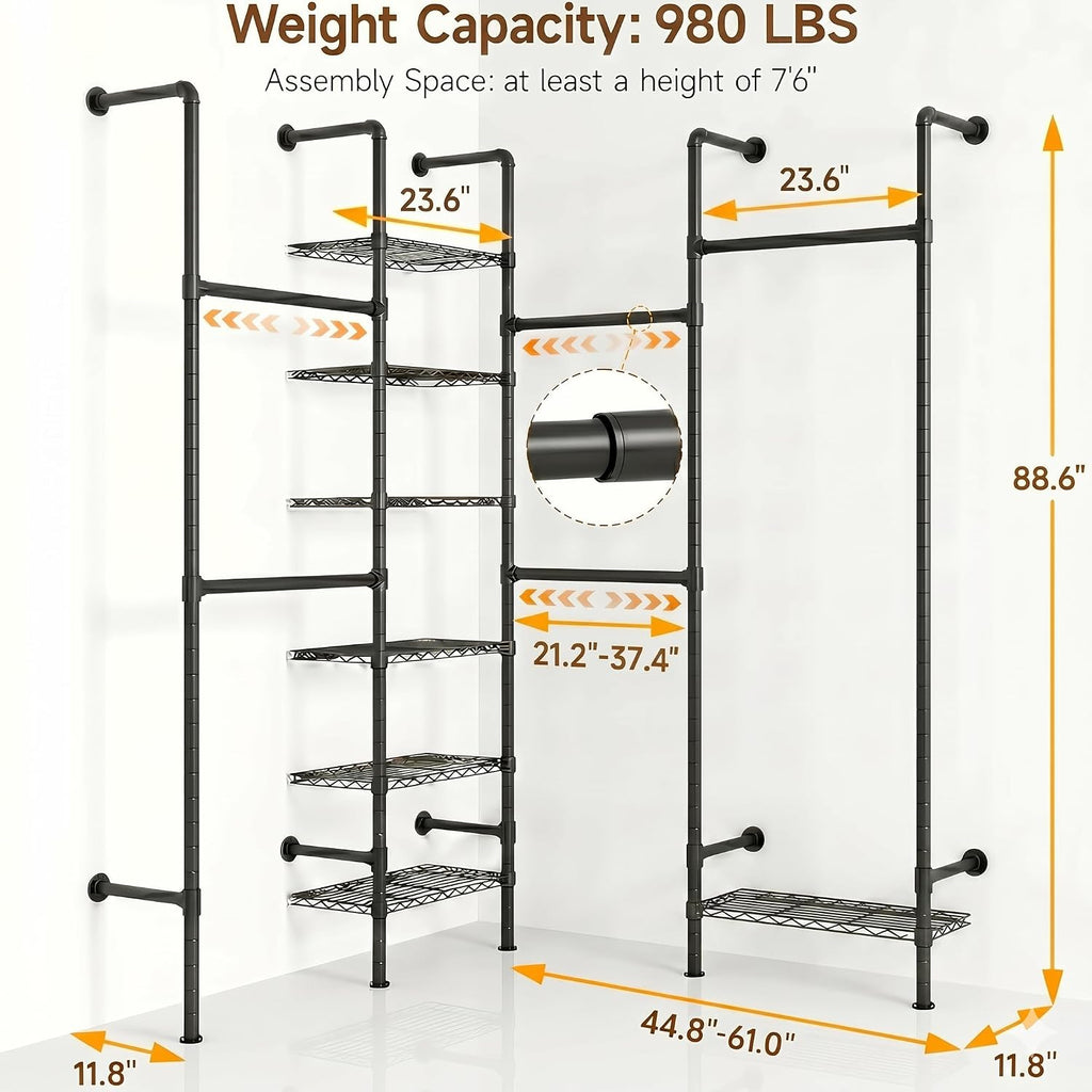 F4 Wall Mounted Closet System, Industrial Pipe Clothing Rack for Hanging Clothes, Heavy Duty Closet Organizer System
