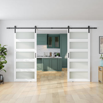 72 x 84 in (Double 36×84 Door) Glass Barn Door with 12FT Sliding Hardware Kit & Handle, Pre-Drilled 