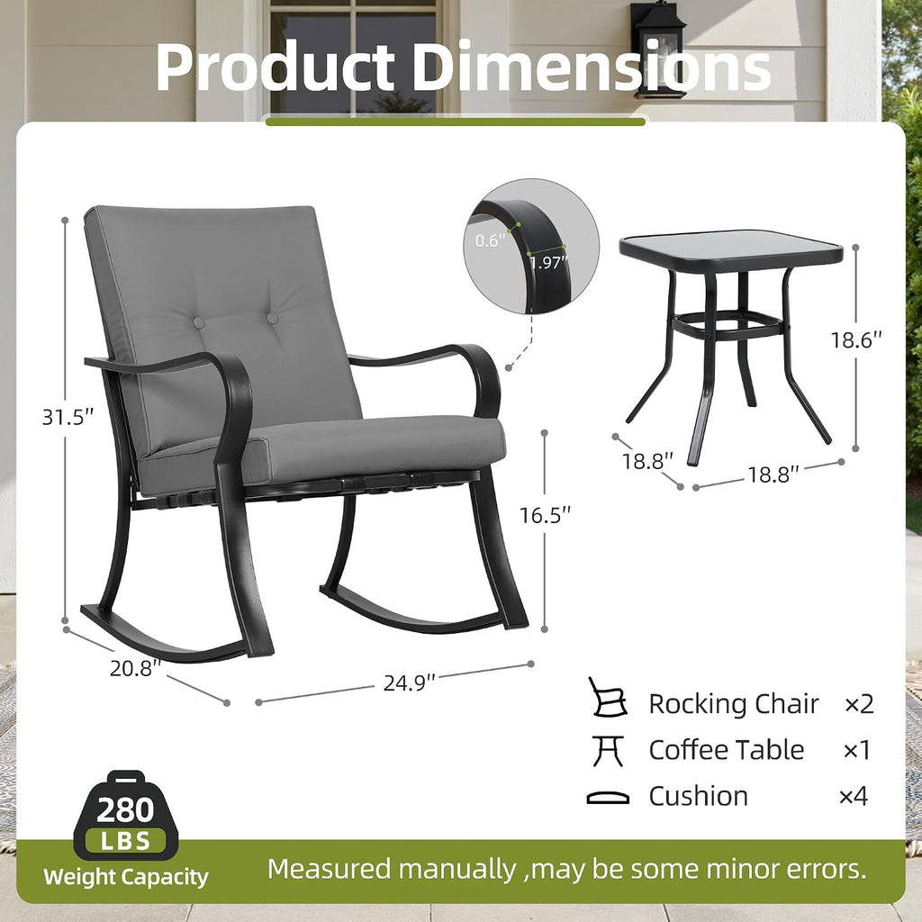 Outdoor 3-Piece Rocking Chairs Patio Bistro Set Black Steel Furniture with Thickened Cushion and Glass-Top Coffee
