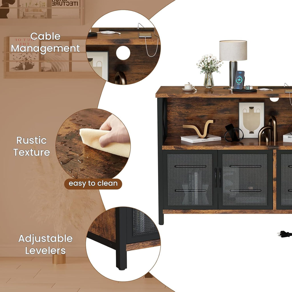 Retro Sideboard Buffet Cabinet with Power Outlet & USB Port, Industrial Wood Farmhouse Coffee Bar Cabinet with Storage