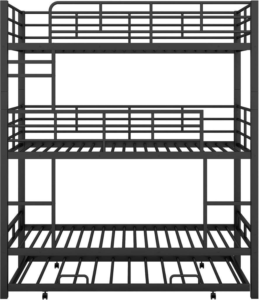 Triple Bunk Bed with Trundle Guardrail & Ladder Twin Metal, No Box Spring Needed, Easy Assemble