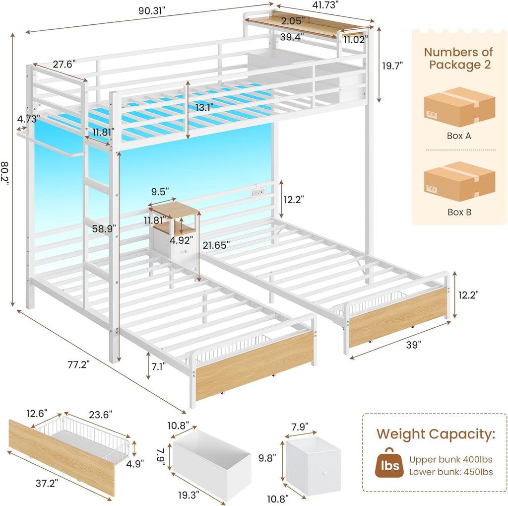 Triple Bunk Bed for Kids with Storage Drawers and Charging Station Twin Over Twin Metal 3 Bunk Bed with Storage