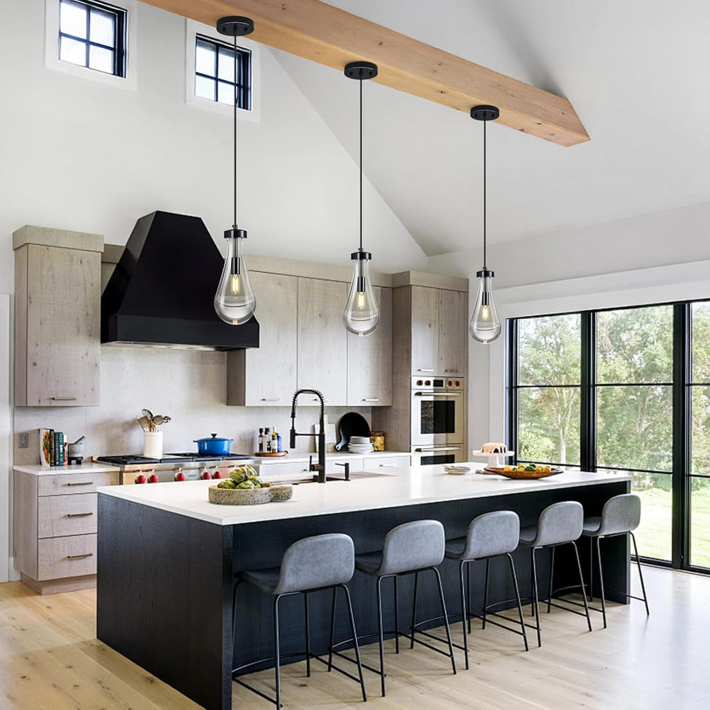 Raindrop Pendant Lights Kitchen Island Teardrop PlatingBlack Hanging Light Clear Solid Glass Pendant Light Modern Chandeliers for Dining Room Porch Corridor Living Room(PlatingBlack 1-Pack)