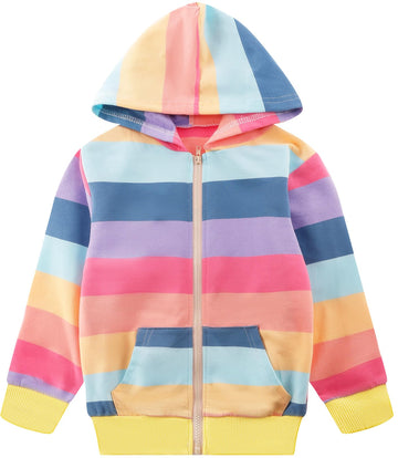 Toddler Girl Zip up Hoodie Jacket Rainbow Sweatshirt Long Sleeve Cotton Striped Hooded Coat Fall Outfits Kids Winter