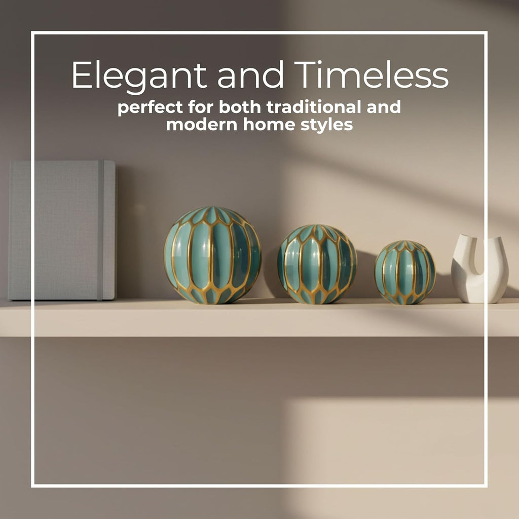 Set of 3 Blue Decorative Orbs - Stoneware & Ceramic Spheres Decor - Elegant Accent Pieces , Coffee Table & Shelves