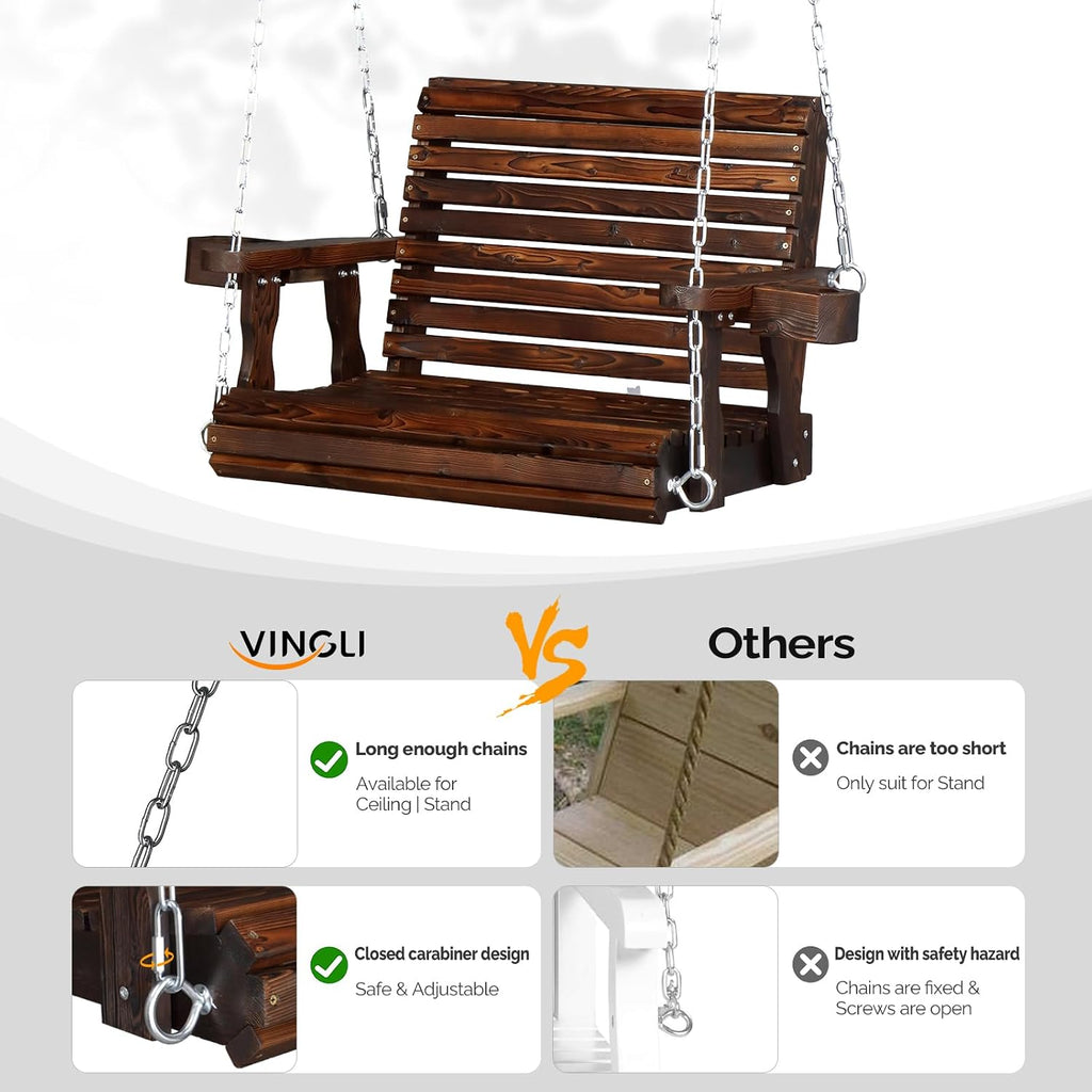 440 LBS Heavy Duty 1-Person Wooden Porch Swing, Rustic | Deep Seat Design; Higher Backrest; Extra Cup Holder;