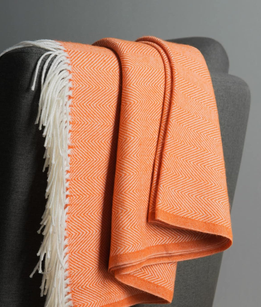 Decorative Herringbone Faux Cashmere Fringe Throw Blanket Lightweight Soft Cozy, 50" x 60" Orange