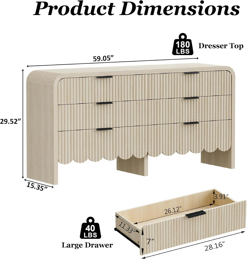 59" Scalloped Dresser ,Fluted 6 Drawer Wooden Dressers,Boho Long Dresser Kids Room, Living Room
