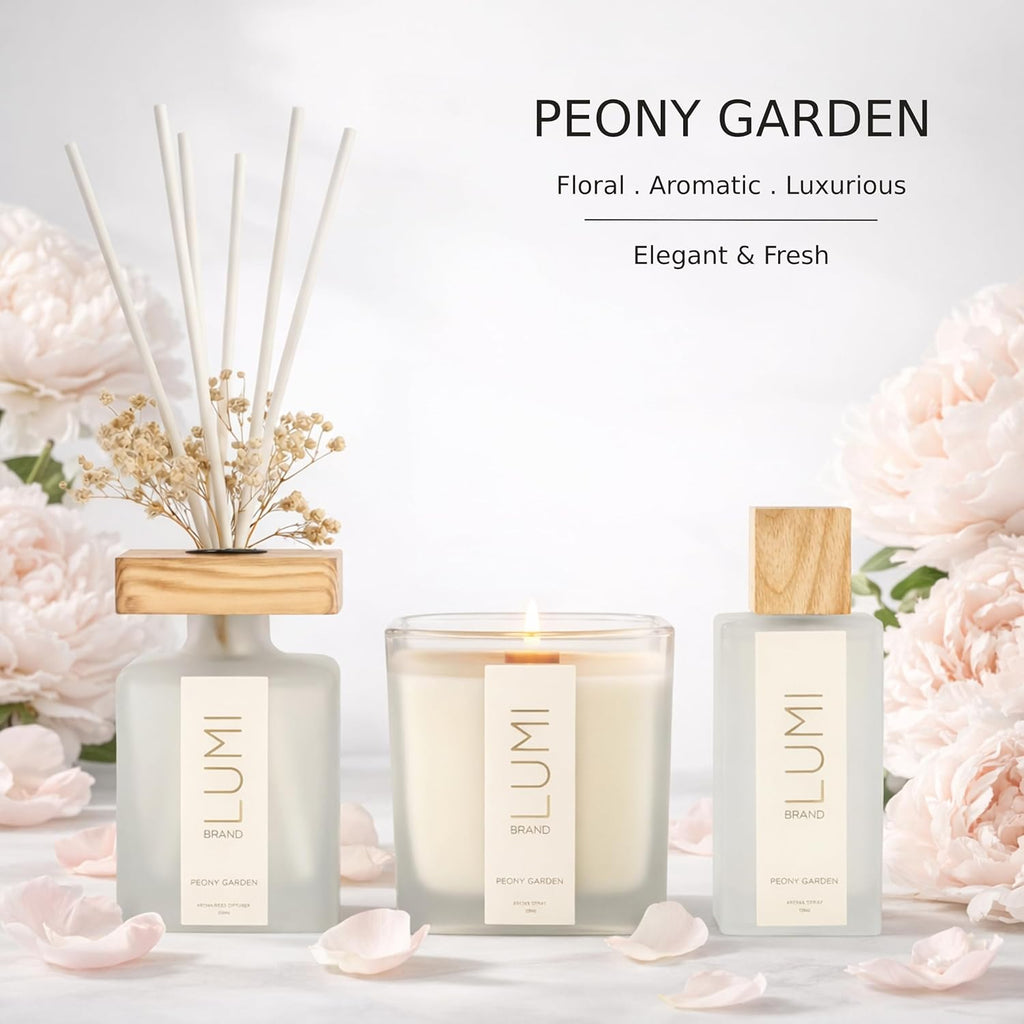Luxury Aroma Gift Set | Peony Garden Scent - Reed Diffuser (200ml), Soy Candle (200g), Room Spray (50ml)