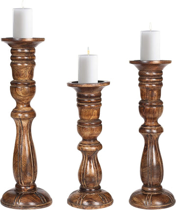 Wooden Candle Holder Set of 3, Tall Natural Burnt Pillar Candle Holders, Rustic Farmhouse Decor, Brown Wooden Candle