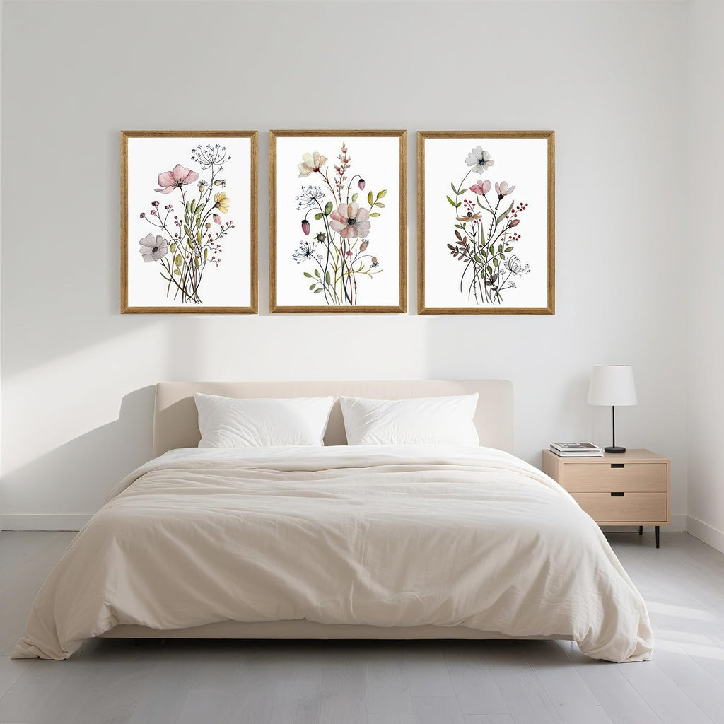 Framed Botanical Canvas Wall Art Set of 3, Watercolor Floral Prints, Framed Flower Wall Decor Bathroom Living Room