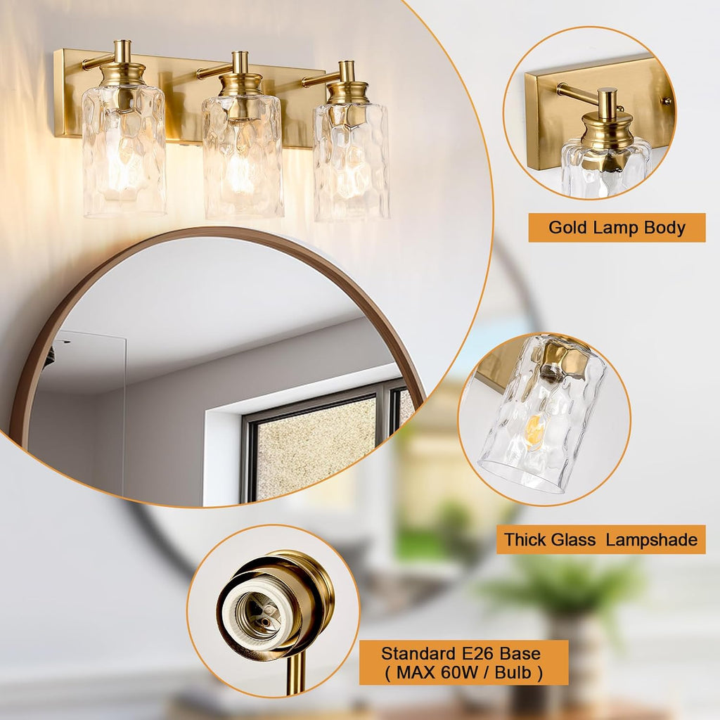 3 Light Bathroom Vanity Light Modern Brushed Gold Bathroom Light Fixtures Over Mirror with Hammered Glass Lampshade