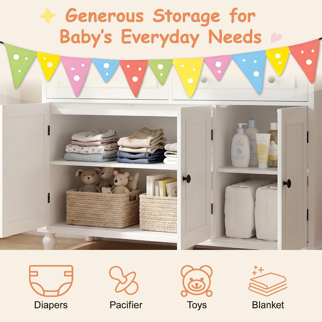 Large Nursery Dresser with Drawers, 47'' White Baby Diaper Changing Table | Wood Changing Station for Infants