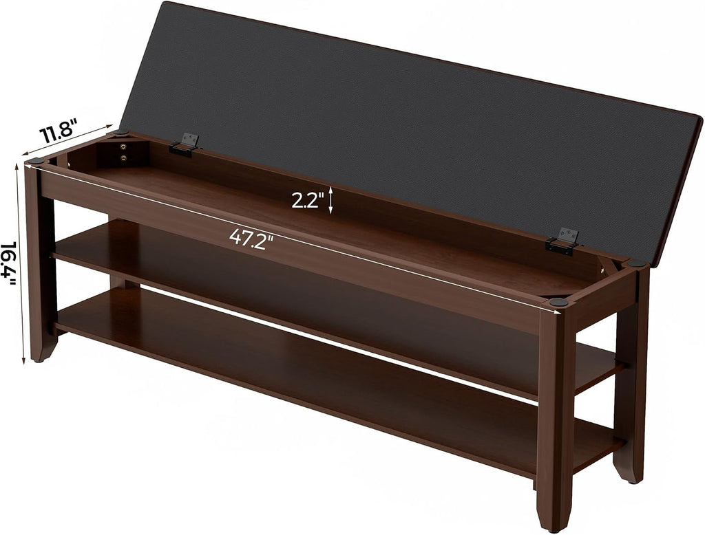2-Tier Solid Wood Shoe Rack Bench with Flip-Top Storage | Entryway Bench with Cushion, Adjustable Shelf, Holds Up to