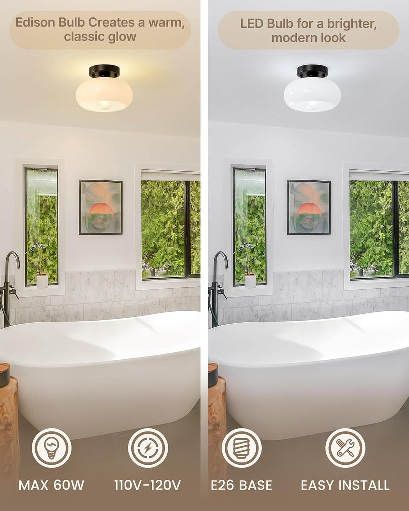 Semi Flush Mount Ceiling Light, Black Light Fixture, Mid-Century Modern Farmhouse Milk Glass Small Light Fixtures