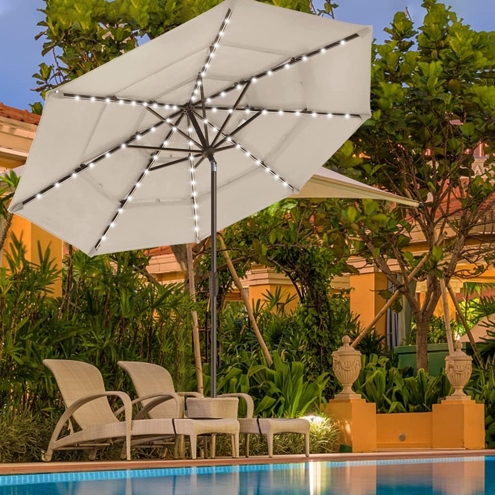 USA 10-Year-Non-Fading 9ft 3-Tier Market Patio Umbrella, Commercial Table Umbrella with 80 Solar LED Lights - Antique Be