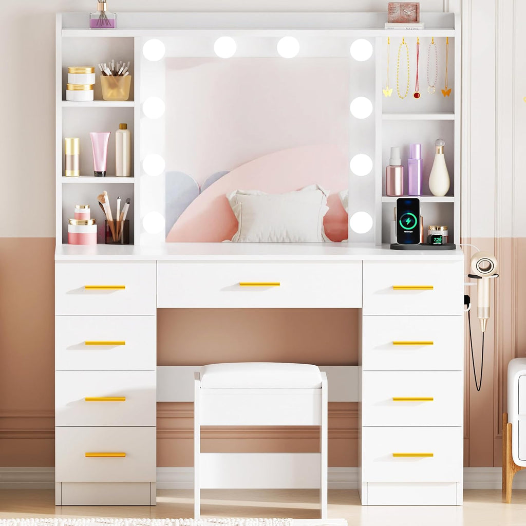 9-Drawer Makeup Vanity Desk with Lighted Mirror Hair Dryer Holder | White Vanity Dressing Table with Cushioned Stool