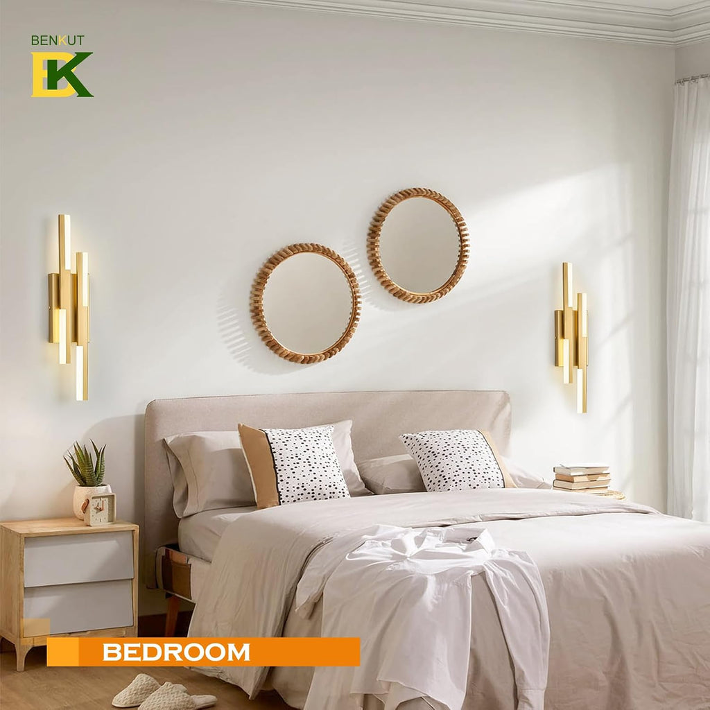 Modern LED Vanity Lights Set of 2, Gold Wall Sconce with Remote Control Dimmable Indoor Wall Light Bedside Remote