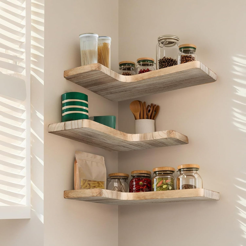 Floating Corner Shelves, Wall Shelf Set of 3, Shelves for Wall Storage, Solid Wood Shelves for Storage, Wall Mount