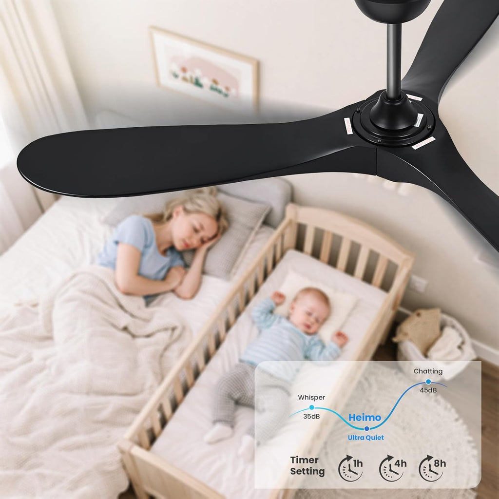 60 Inch Black Ceiling Fan No Light，Indoor Outdoor 3 Blade Wood Ceiling Fans Without Lights for Patios Bedroom Living
