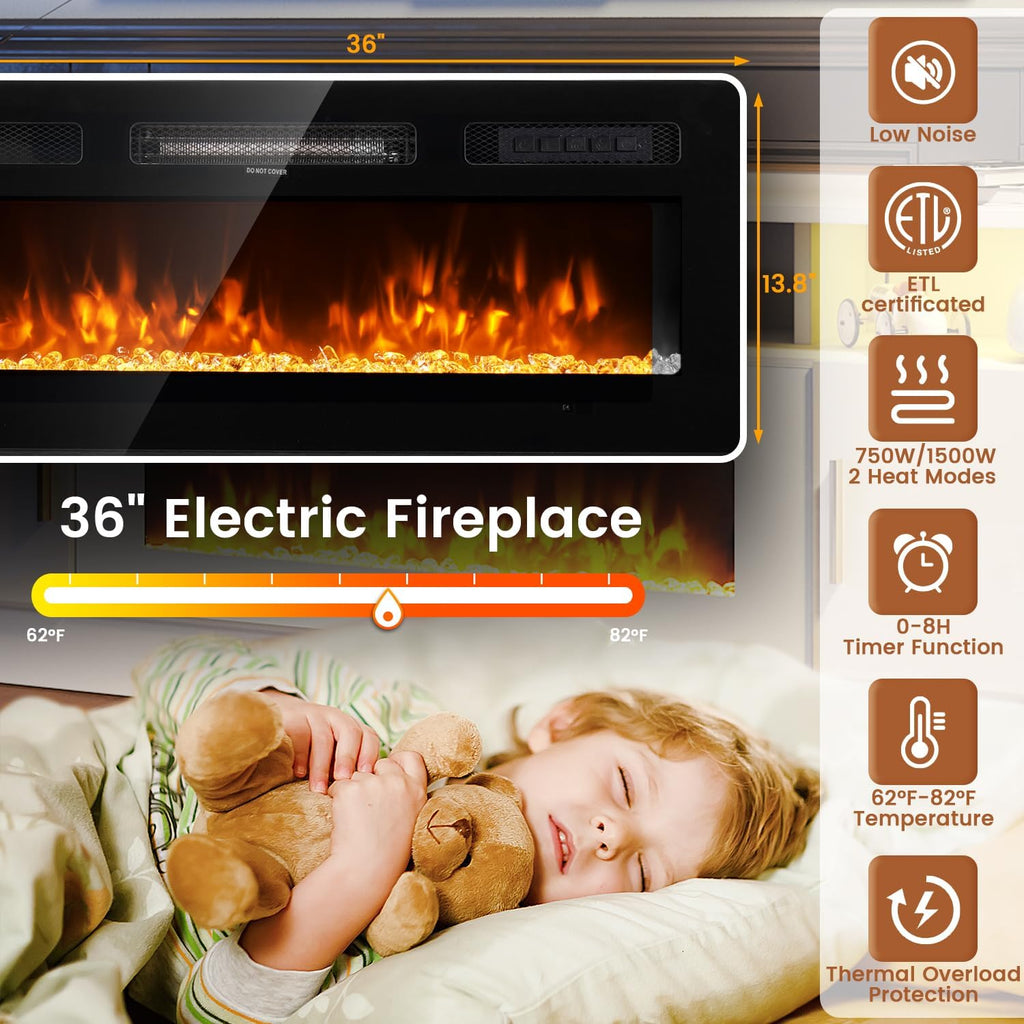 70" Fireplace TV Stand with Power Outlet for TVs UP to 80", Electric Fireplace Entertainment Center with LED Lights & Storage Cabinets, TV Console for Living Room, Office, Black-Black