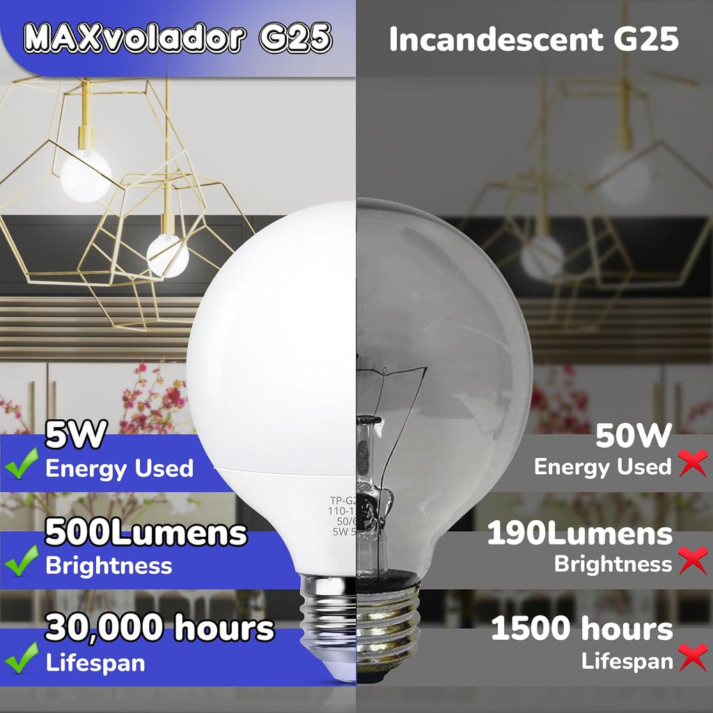 G25 LED Globe Light Bulb 60W Equivalent, Daylight White 5000K E26 Vanity Light Bulbs for Bathroom Makeup Mirror