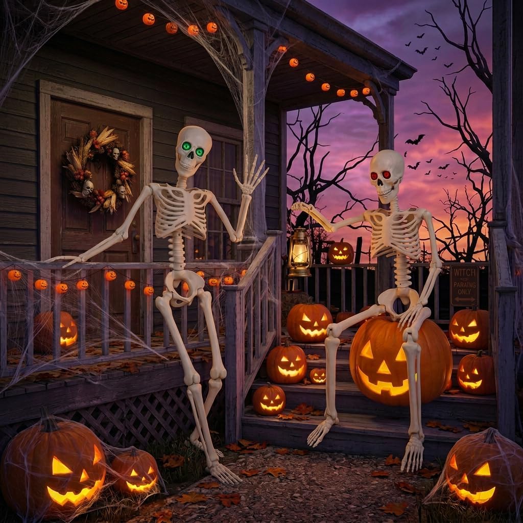 Halloween Skeletons Decor 36 Inches 2 Pack with Eyes & Movable Joint - Set of 2