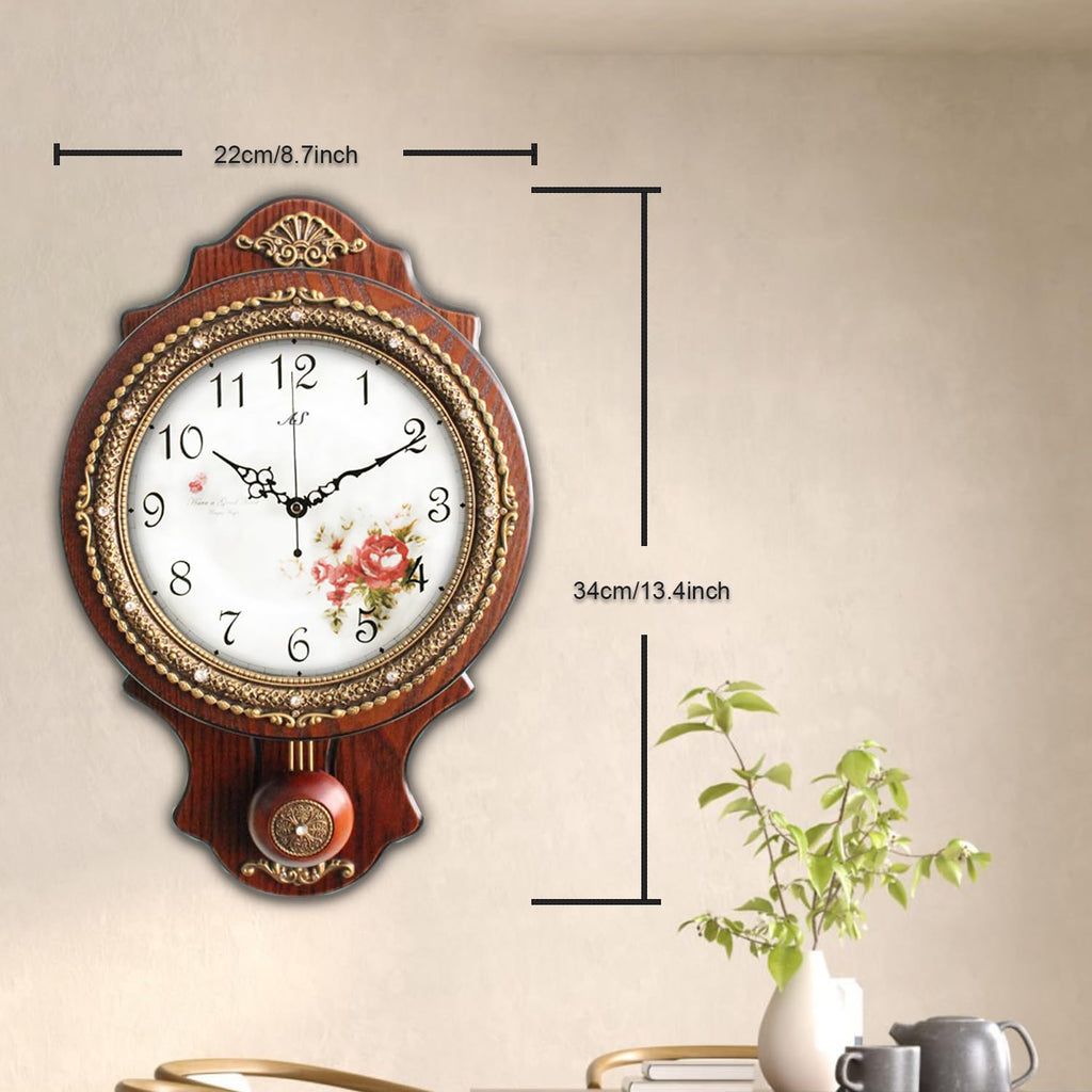 Wall Clock with Swinging Pendulum, Retro Style Silent Clock with Crystal Decoration, Vintage Decor European Victoria