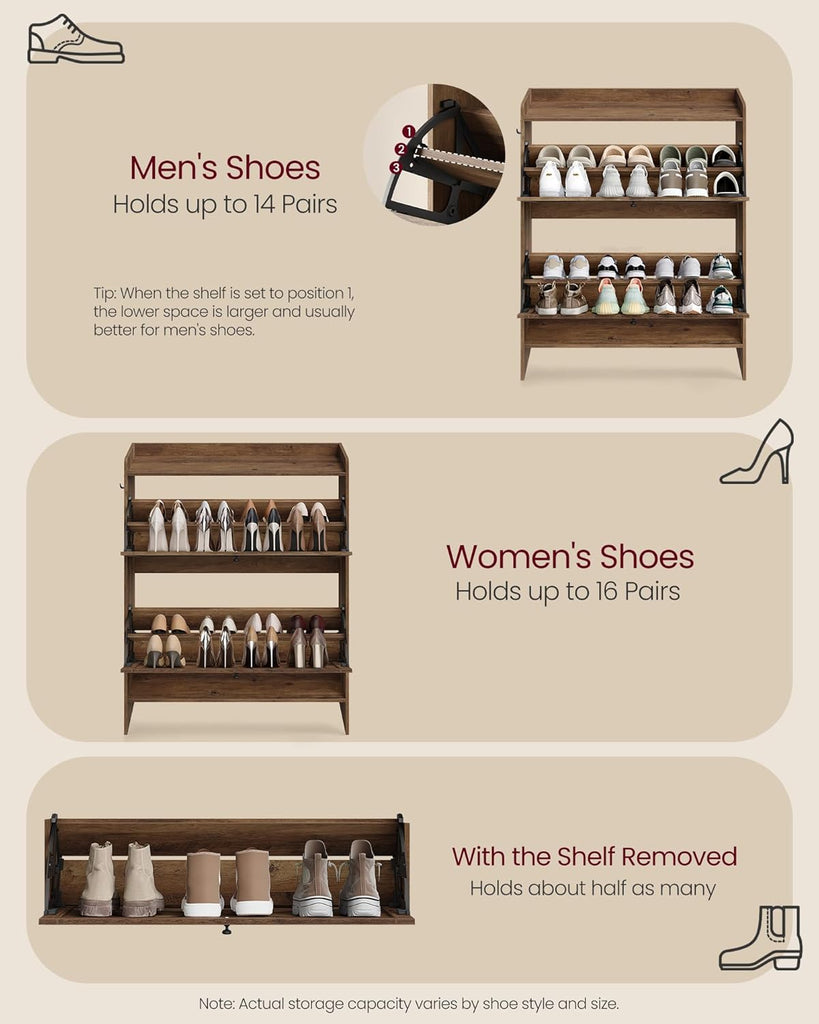 Shoe Storage Cabinet Organizer with 2 Flip Drawers, Freestanding Narrow Shoe Rack Cabinet , Farmhouse Style, Fits 14