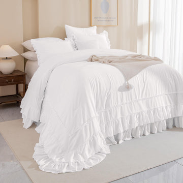 3PCs Natural White Ruffled Comforter 120x120, Shabby Boho Chic Farmhouse Ruffle Bed Comforter Set