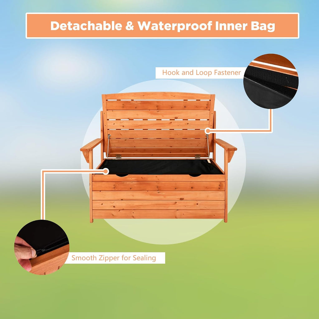 80 Gallon Outdoor Storage Bench Deck Box, Wooden Patio Bench with Armrests & Inner Removable DustProof Lining for