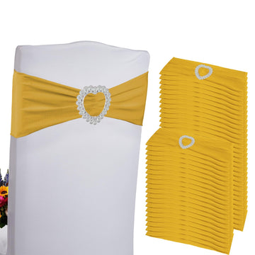 Spandex Stretch Gold Chair Sashes Bows Universal Elastic Chair Cover Bands Ties with Buckle Slider for Wedding