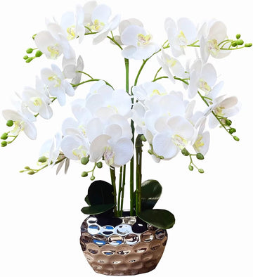 Orchid Artificial Flowers Decor, Faux Orchids with Silver Vase Phalaenopsis Fake Flowers Real Touch Flowers Plants