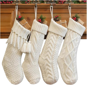 4 Pack White Knit Christmas Stockings - Large 18" Rustic Farmhouse Vintage Cable Knit Holiday Stockings, Cream Ivory