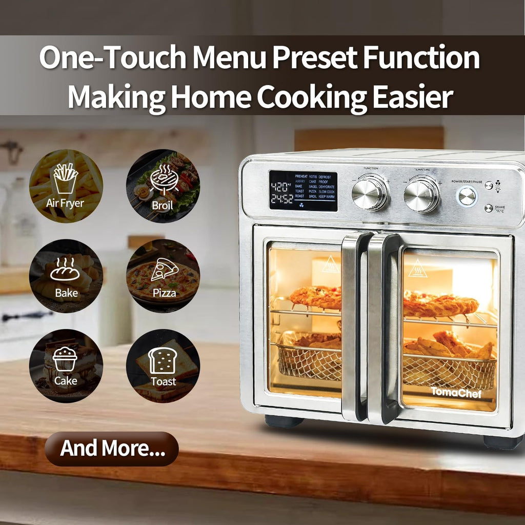 26QT French Door Air Fryer Toaster Oven Combo, 15 Cooking Functions including Rotisserie, and Digital Controls, 30