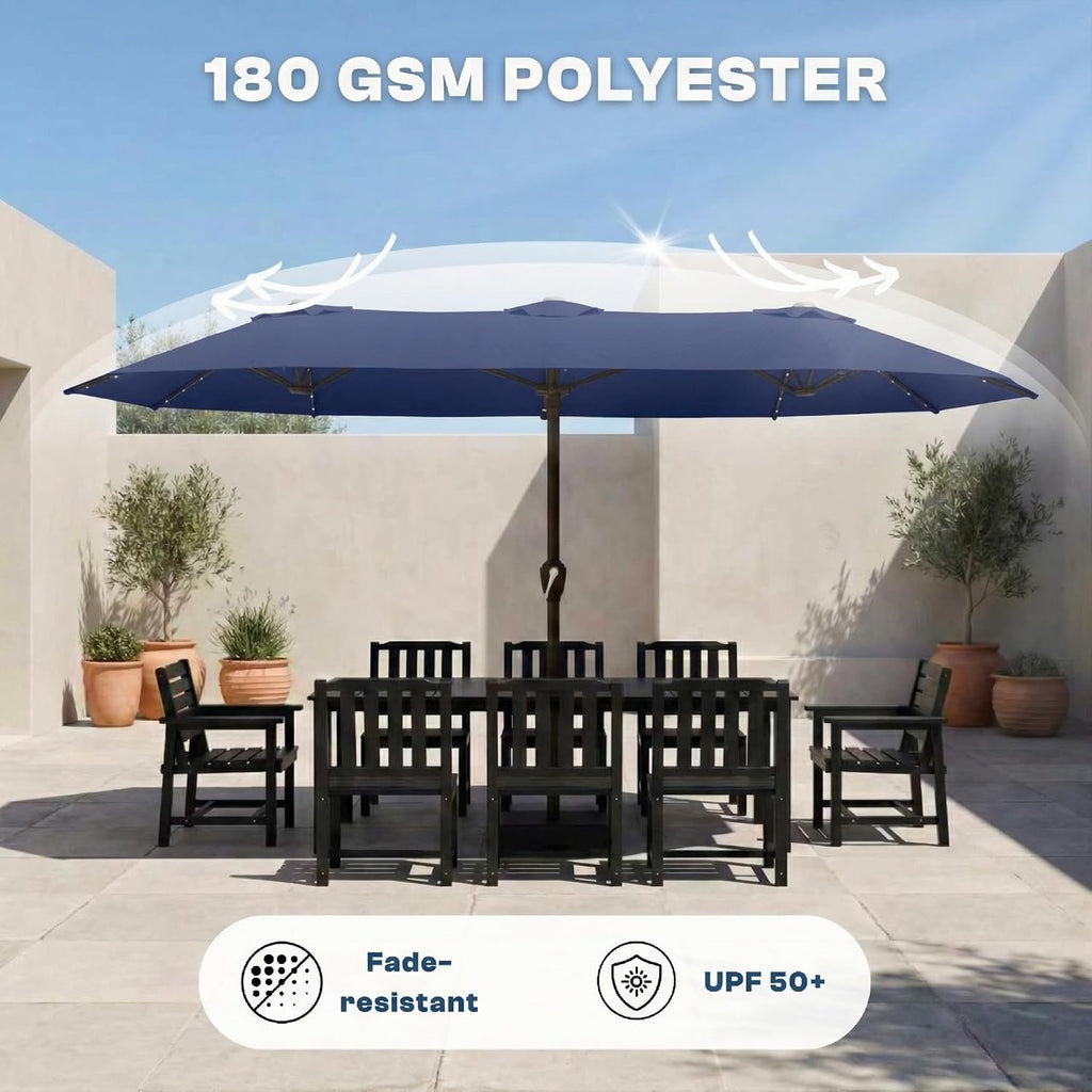 15FT Large Patio Umbrella with Base Included, Double Sided Outdoor Market Umbrella with Flexible Fiberglass Ribs