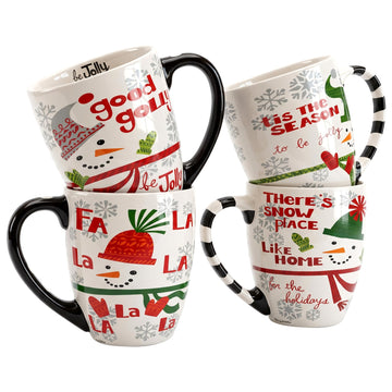 18 oz Christmas Mugs Set of 4, Ceramic Coffee Cups with Snowman & Christmas Hat Design - Gift for Family and Friends