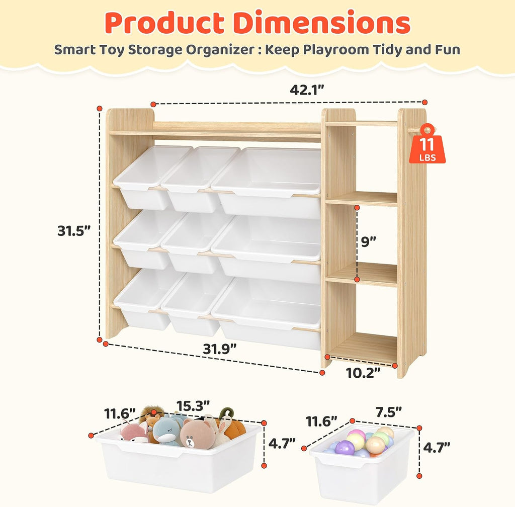 Toy Storage Organizer with Bookshelf, Kids Toy Storage and Organizers with 3 Shelves/9 Bins/3 Hooks, Bin Shelf, Toy