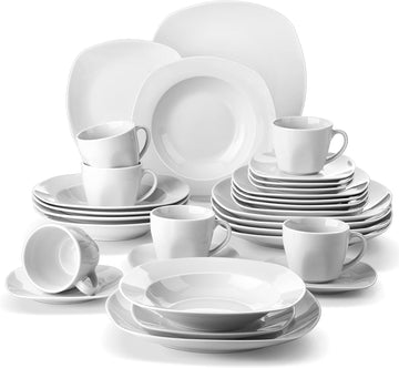 30 Piece Porcelain Dinnerware Set, Grey White Dish Set for 6, Square Ceramic Dishware Sets