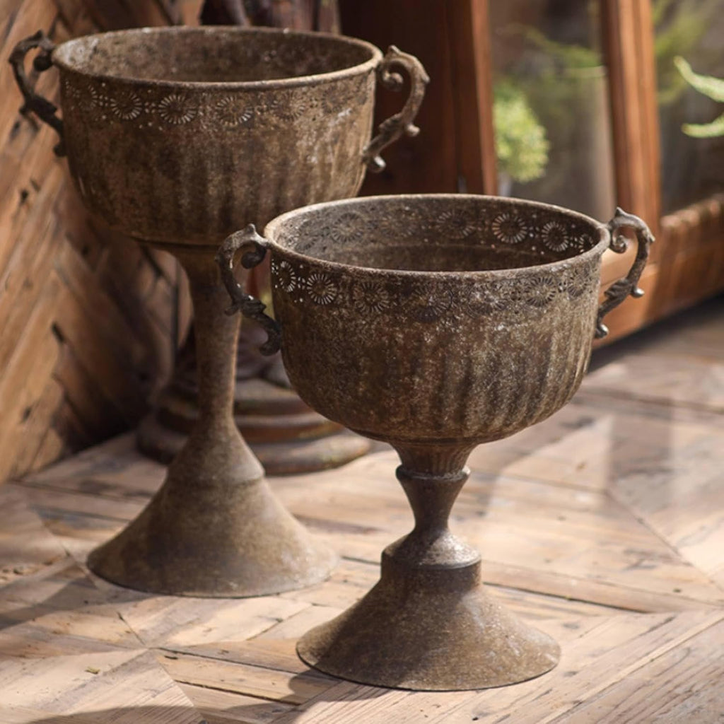 Outdoor Trophy Vase Antique Pedestal Planter Urn Flower Pot with Textured Stone Finish Iron Construction Stable